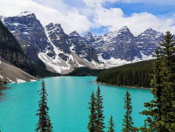 Scenic view of lake and mountains against sky