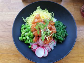 High angle view of salad served on table