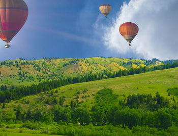 Hot air balloon flying over field against sky