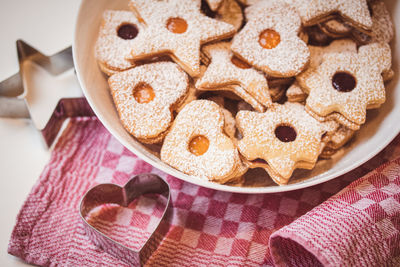 High angle view of cookies on table