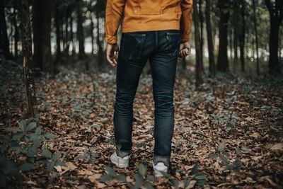 Low section of man standing on autumn leaves in forest