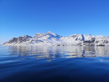 Clear skies, water reflection, snowcapped mountains, blue