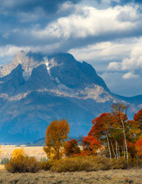 Scenic view of mountains against sky during autumn