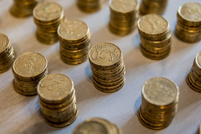 High angle view of coins on table