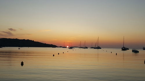 Silhouette sailboats in sea against sky during sunset