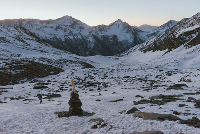 Scenic view of snow covered mountains against sky