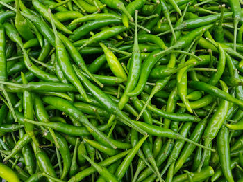 Full frame shot of green chili peppers for sale in market