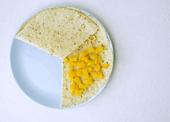 High angle view of breakfast on table