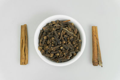 High angle view of food on table against white background