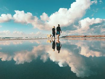 Rear view of people with dog at beach against sky