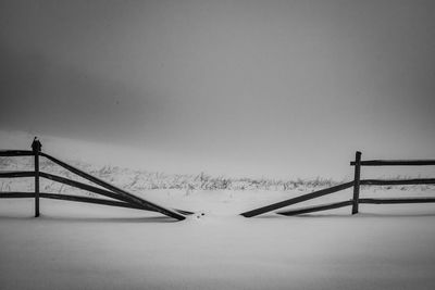 Crane on snow covered field against clear sky