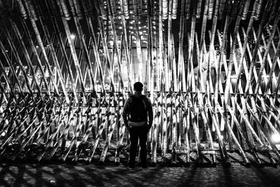 Rear view full length of man standing against illuminated bamboo art at night