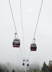 Low angle view of overhead cable car against sky