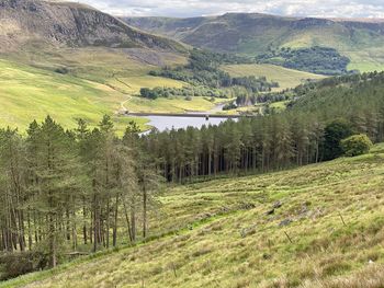 Landscape, looking across the hills, valleys and a reservoir in, saddleworth