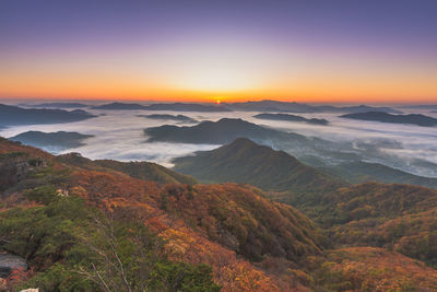 Scenic view of mountains against sky during sunset