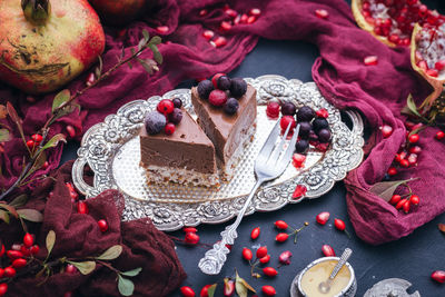 High angle view of dessert on table