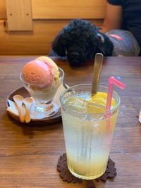 High angle view of drink on table