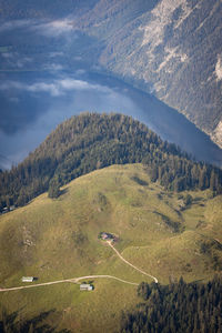 High angle view of road amidst mountains against sky