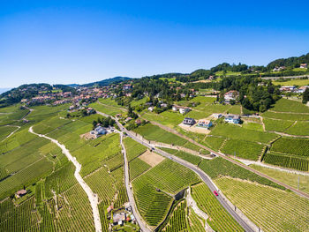 High angle view of agricultural field against clear sky