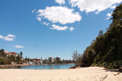 View of calm beach against blue sky