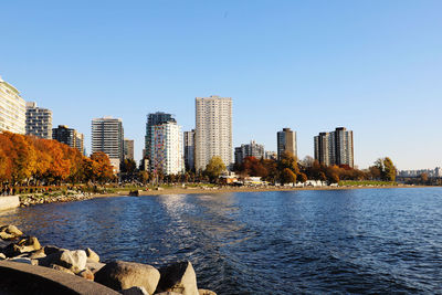 Buildings by river against clear blue sky