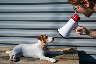 Woman holding dog