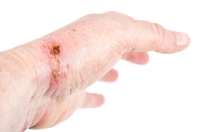 Close-up of human hand against white background