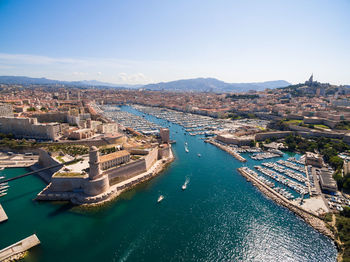 High angle view of buildings in city