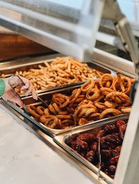 High angle view of food on barbecue grill