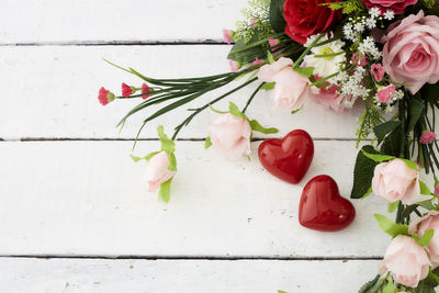 High angle view of rose bouquet on table