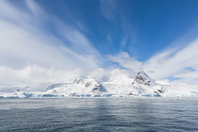 Scenic view of sea and snowcapped mountains against sky