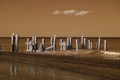 Wooden posts on beach against sky during sunset