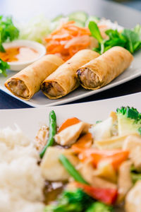 High angle view of meal served on table