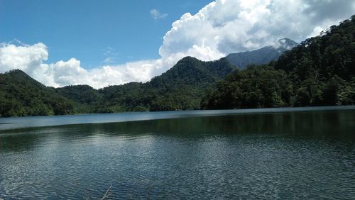 Scenic view of lake and mountains against sky