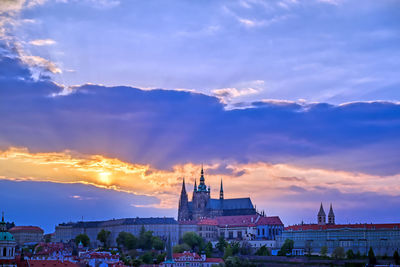 Buildings in city against sky during sunset