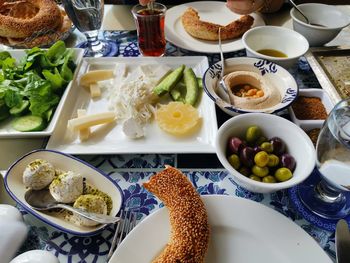 High angle view of breakfast served on table