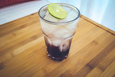 High angle view of drink in glass on table