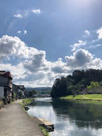 Scenic view of lake by buildings against sky