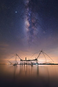 Silhouette cranes against sky at night