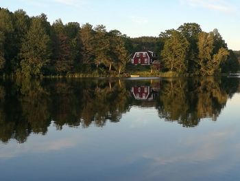 Reflection of trees in lake against sky