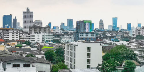 High angle view of buildings against sky