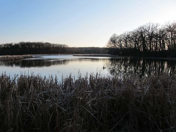 Scenic view of lake against clear sky