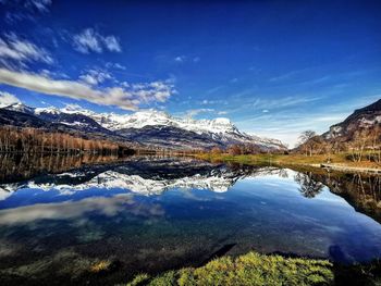 Scenic view of lake and mountains against blue sky