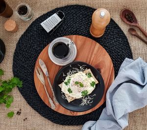 High angle view of breakfast on table