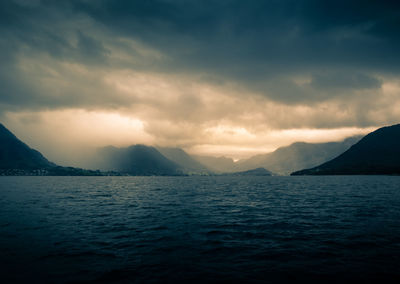A beautiful view of the norway fjord from the sea level. autumn landscape of fjords