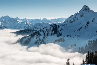 Scenic view of snowcapped mountains against sky