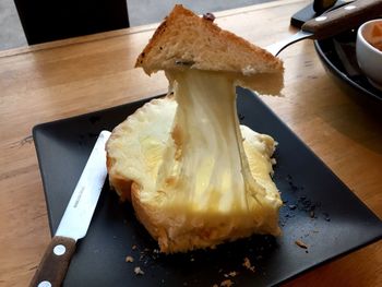 High angle view of bread in plate on table