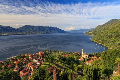 High angle view of bay against sky