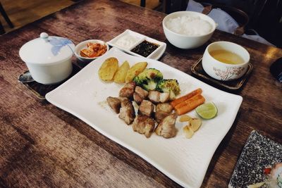 High angle view of breakfast on table