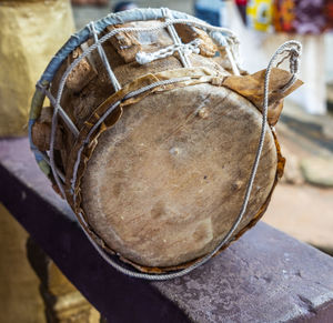 Close-up of bembe drum. traditional music instrument associated  with yoruba tribe in nigeria.

